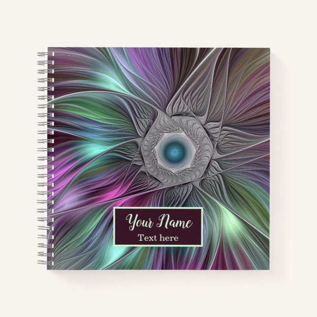 Colourful Big Flower Abstract Trippy Fractal Name Notebook (Front)