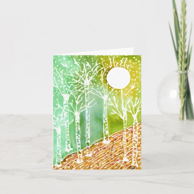 Colourful Birch Trees, Moon and Birds Greeting Car Card (Front)