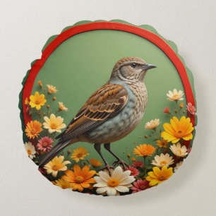 Colourful Bird Amid Blooming Flowers in Decorative Round Cushion