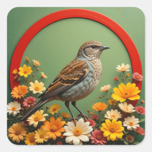 Colourful Bird Amid Blooming Flowers in Decorative Square Sticker