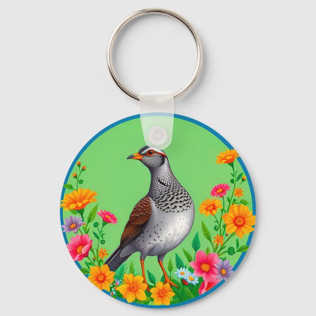 Colourful Bird Amid Blooming Flowers Key Ring (Front)