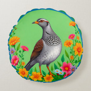 Colourful Bird Amid Blooming Flowers Round Cushion