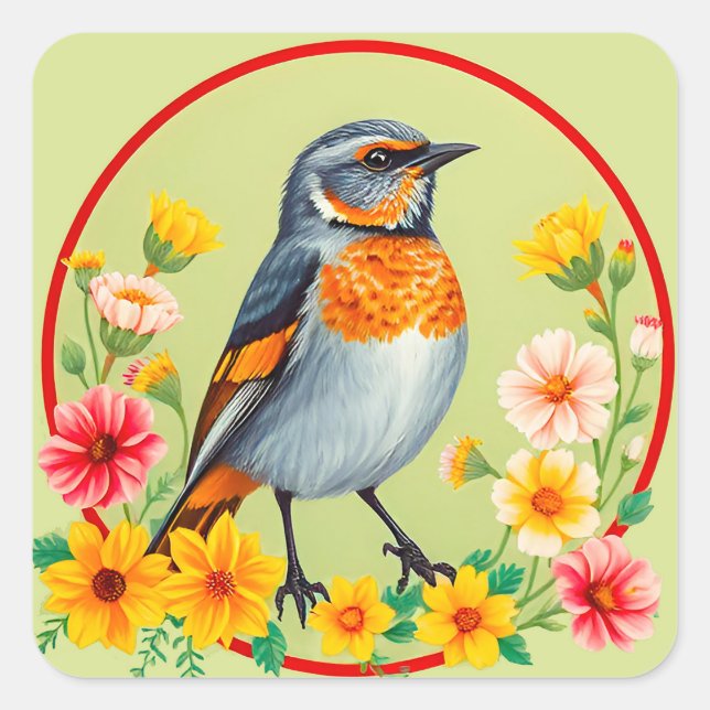 Colourful Bird Amid Blooming Flowers Square Sticker (Front)