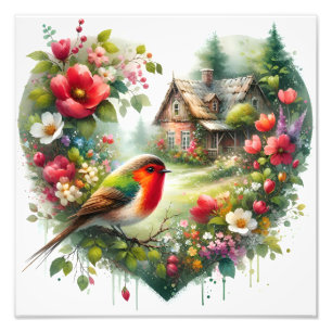 Colourful Bird and Floral Cottage Watercolor Photo Print