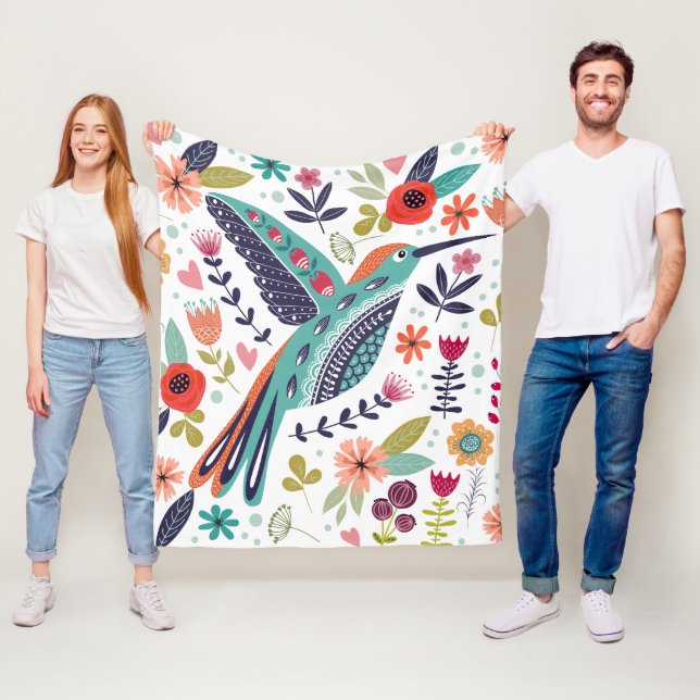 Colourful Bird and Scandinavian Folk Art Flowers  Fleece Blanket (In Situ)
