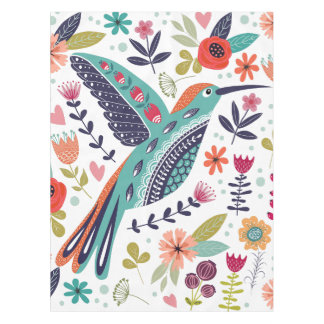 Colourful Bird and Scandinavian Folk Art Flowers Tablecloth