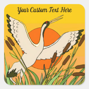 Colourful bird art cattails sunset sky your messag square sticker