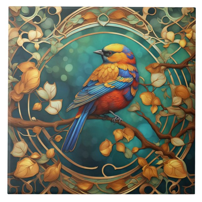 Colourful Bird Art Nouveau Art Deco Multicolored Tile (Front)