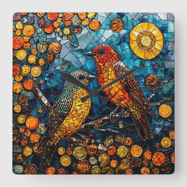 Colourful Bird Art Unique Gift for Bird Lovers Square Wall Clock (Front)