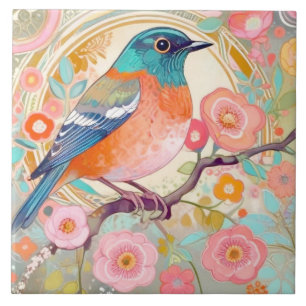 Colourful Bird Arty Pink Spring Flower Floral Tile