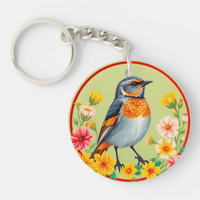 🐦 Colourful Bird Bloom Glow 🌸 Floral Nature Key Ring (Front)