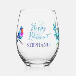Colourful Bird Blue Forget Me Not Flower Retiremen Stemless Wine Glass