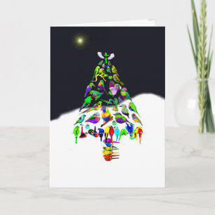 Colourful Bird Christmas Tree in the Snow Holiday Card