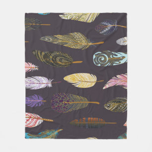 Colourful Bird Feathers Watercolor Pattern Fleece Blanket