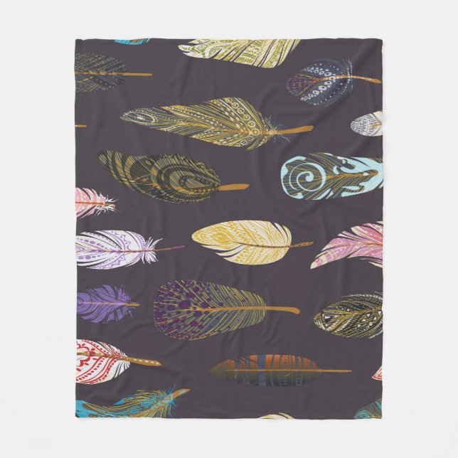 Colourful Bird Feathers Watercolor Pattern Fleece Blanket (Front)