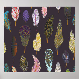 Colourful Bird Feathers Watercolor Pattern Poster