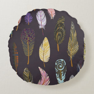 Colourful Bird Feathers Watercolor Pattern Round Cushion