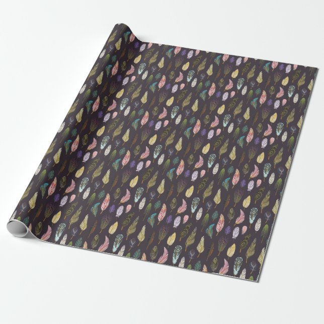 Colourful Bird Feathers Watercolor Pattern Wrapping Paper (Unrolled)