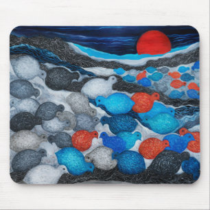 Colourful Bird Flock Red Moon Art Mouse Mat