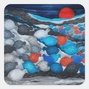 Colourful Bird Flock Red Moon Art Square Sticker