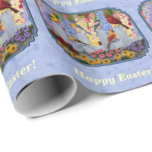 Colourful Bird Flower Garden Blue Wrapping Paper