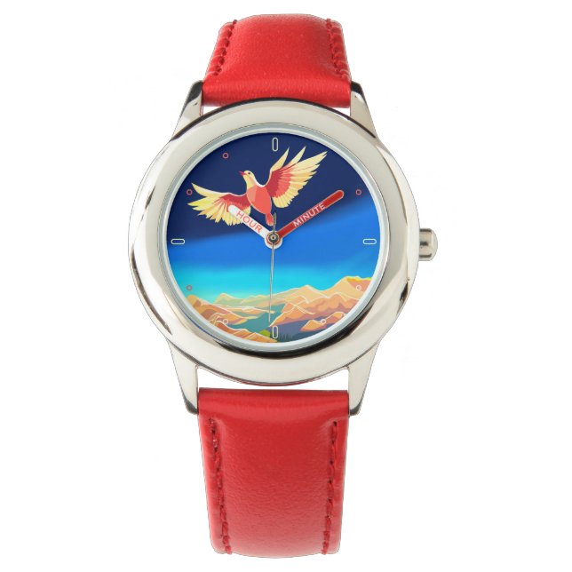 Colourful bird flying above the mountains watch (Front)