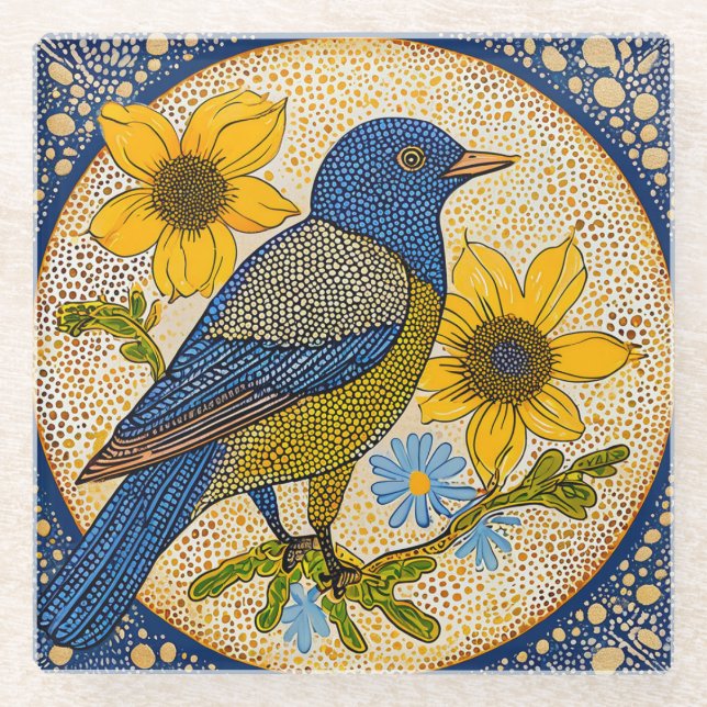 Colourful bird  glass coaster (Front)
