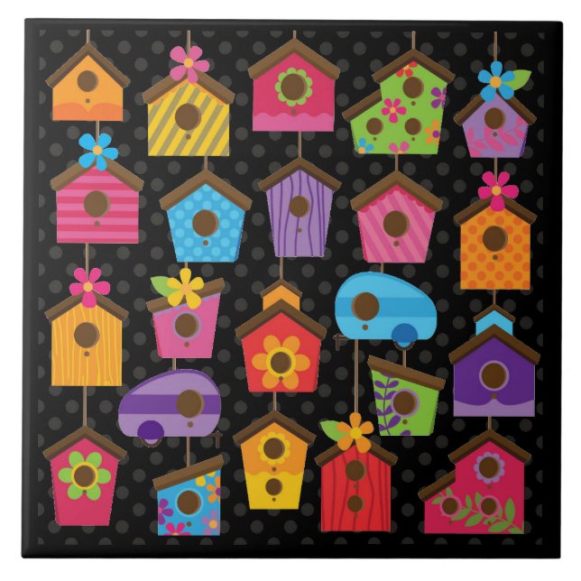 Colourful Bird Houses Design Tile (Front)