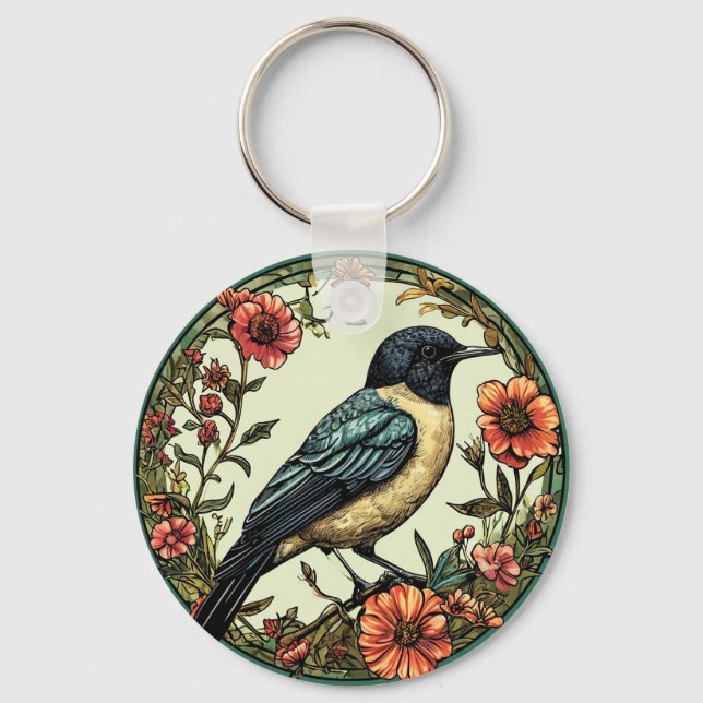 Colourful Bird in a Floral Design Key Ring (Front)