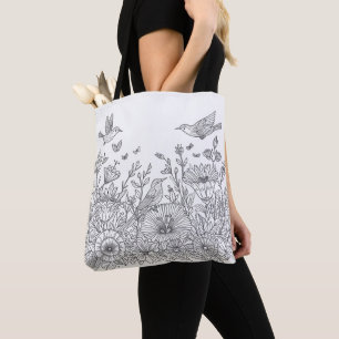 Colourful Bird Line Art Design for Colouring  Tote Bag