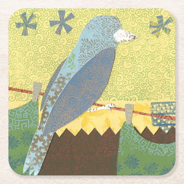 Colourful Bird on a Wire Square Paper Coaster (Front)
