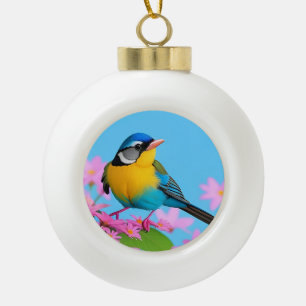 Colourful Bird on Blooming Branch Ceramic Ball Christmas Ornament