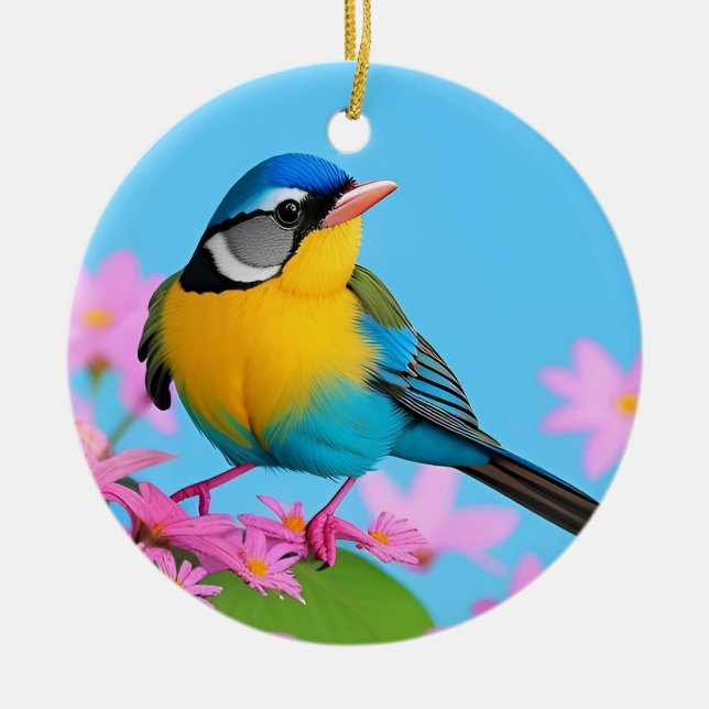 Colourful Bird on Blooming Branch Ceramic Tree Decoration (Front)