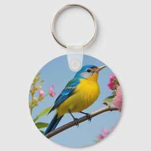 Colourful Bird on Blooming Branch Key Ring