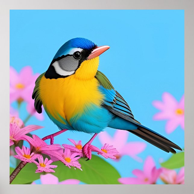 Colourful Bird on Blooming Branch Poster (Front)