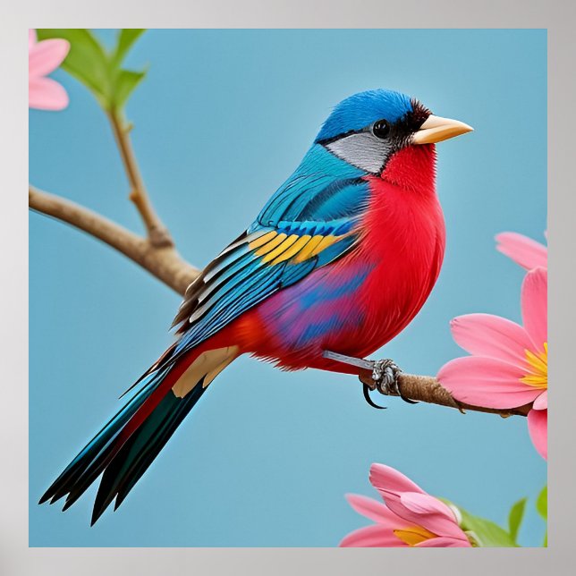 Colourful Bird on Blooming Branch Poster (Front)