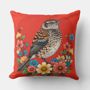 Colourful Bird on Branch Framed with Flowers Cushion
