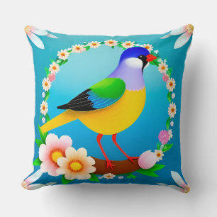 Colourful Bird on Branch Framed with Flowers Cushion