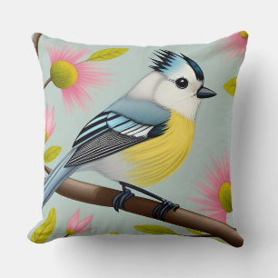 Colourful Bird on Branch Framed with Flowers Cushion