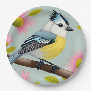 Colourful Bird on Branch Framed with Flowers Paper Plate