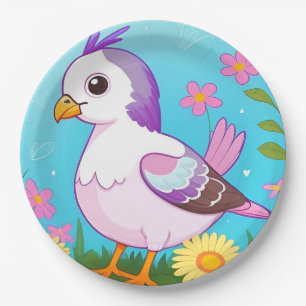 Colourful Bird on Branch Framed with Flowers Paper Plate
