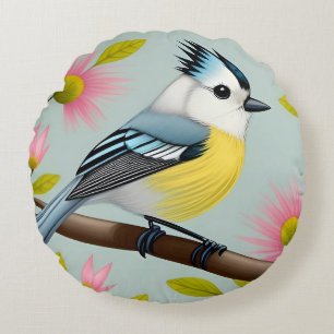 Colourful Bird on Branch Framed with Flowers Round Cushion