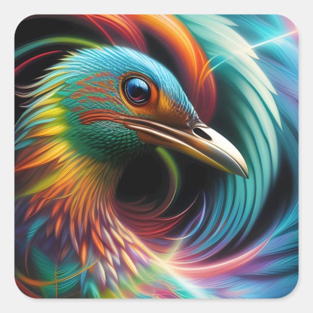 Colourful bird peacock swirling feathers square sticker (Front)