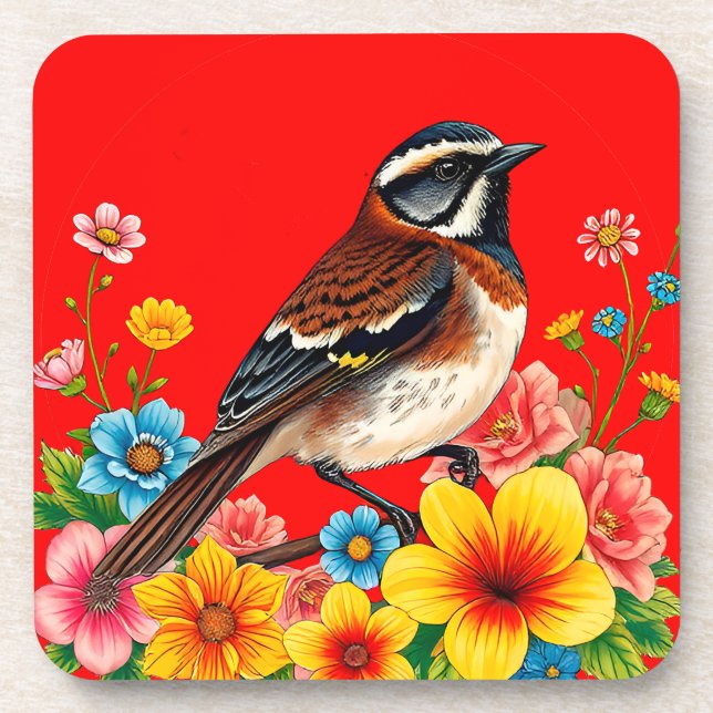 Colourful Bird Perched Among Flowers Coaster (Front)