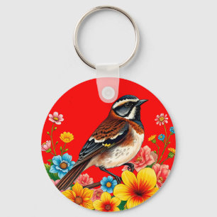 Colourful Bird Perched Among Flowers Key Ring
