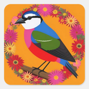 🌸 Colourful Bird Perched Among Flowers Square Sticker