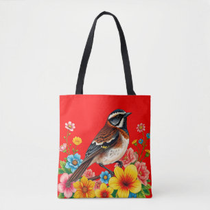 Colourful Bird Perched Among Flowers Tote Bag