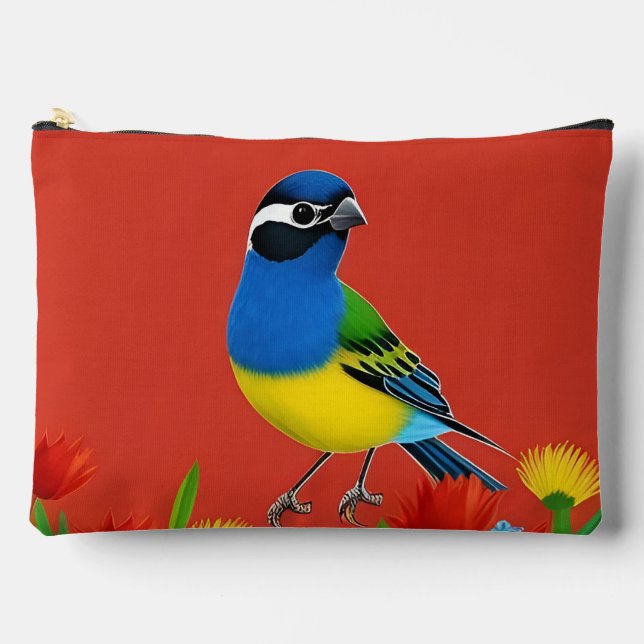 Colourful Bird Perched Among Vibrant Flowers Accessory Pouch (Front)