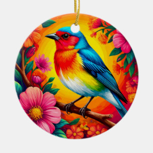 Colourful Bird Perched Among Vibrant Flowers Ceramic Tree Decoration