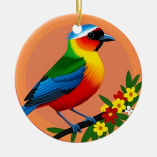 Colourful Bird Perched Among Vibrant Flowers Ceramic Tree Decoration
